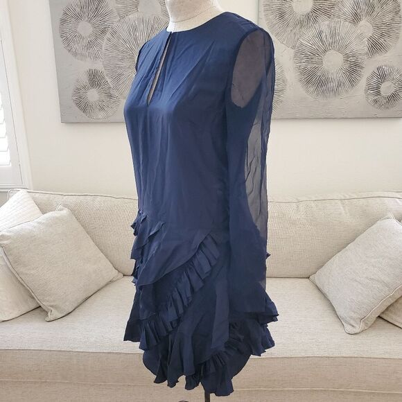 Grey JASON WU Silk Long Sleeve Ruffle Dress - size 4 in Midnight Blue - Picture 7 of 13